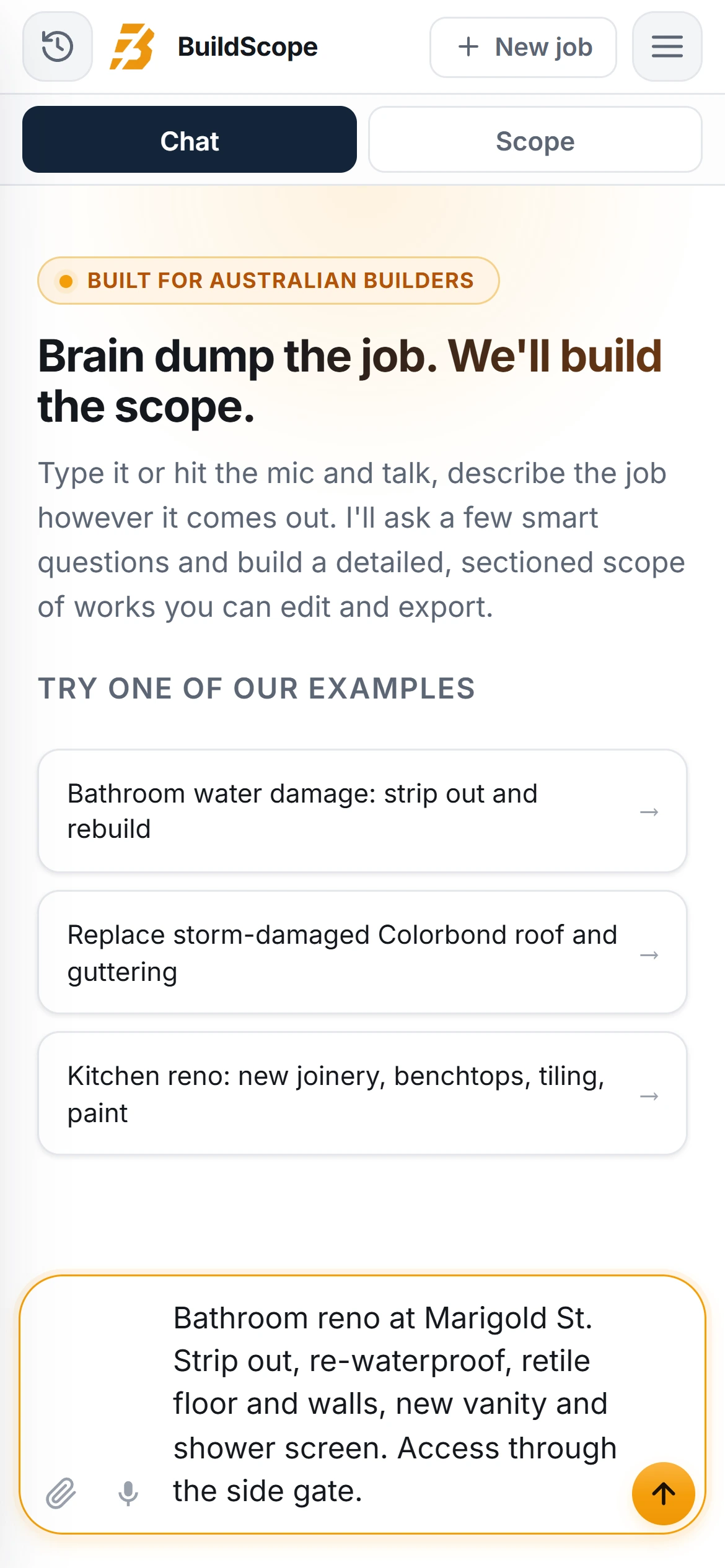 Typing a rough brain dump of a bathroom job into BuildScope