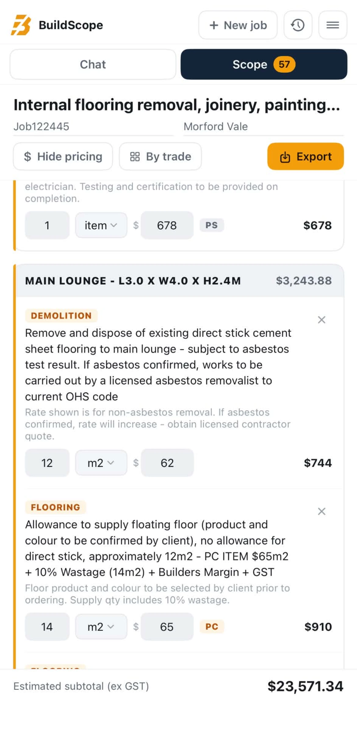The BuildScope app showing a 57 item Scope of Works for an internal flooring, joinery and painting job, priced by room with PC and PS allowances