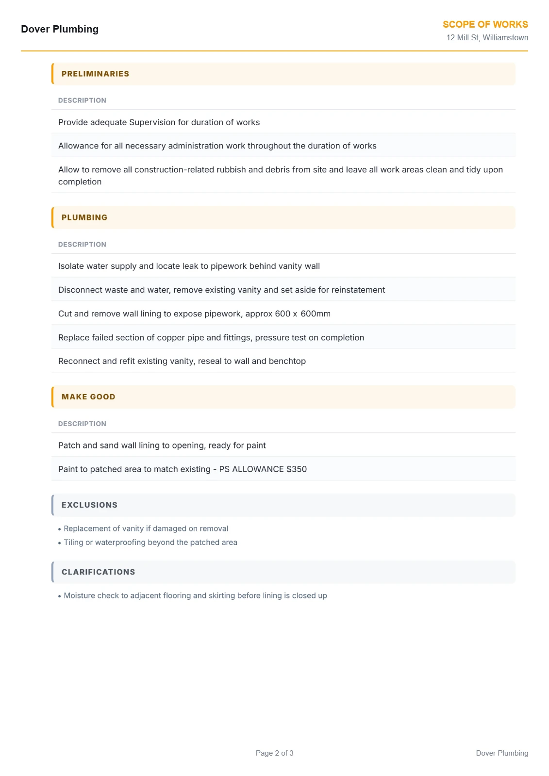 The same page exported scope only: the line item wording with no quantities or prices
