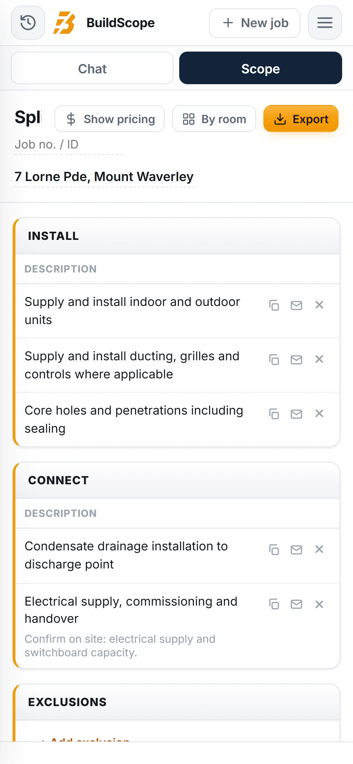 A BuildScope air conditioning installer Scope of Works on an iPhone
