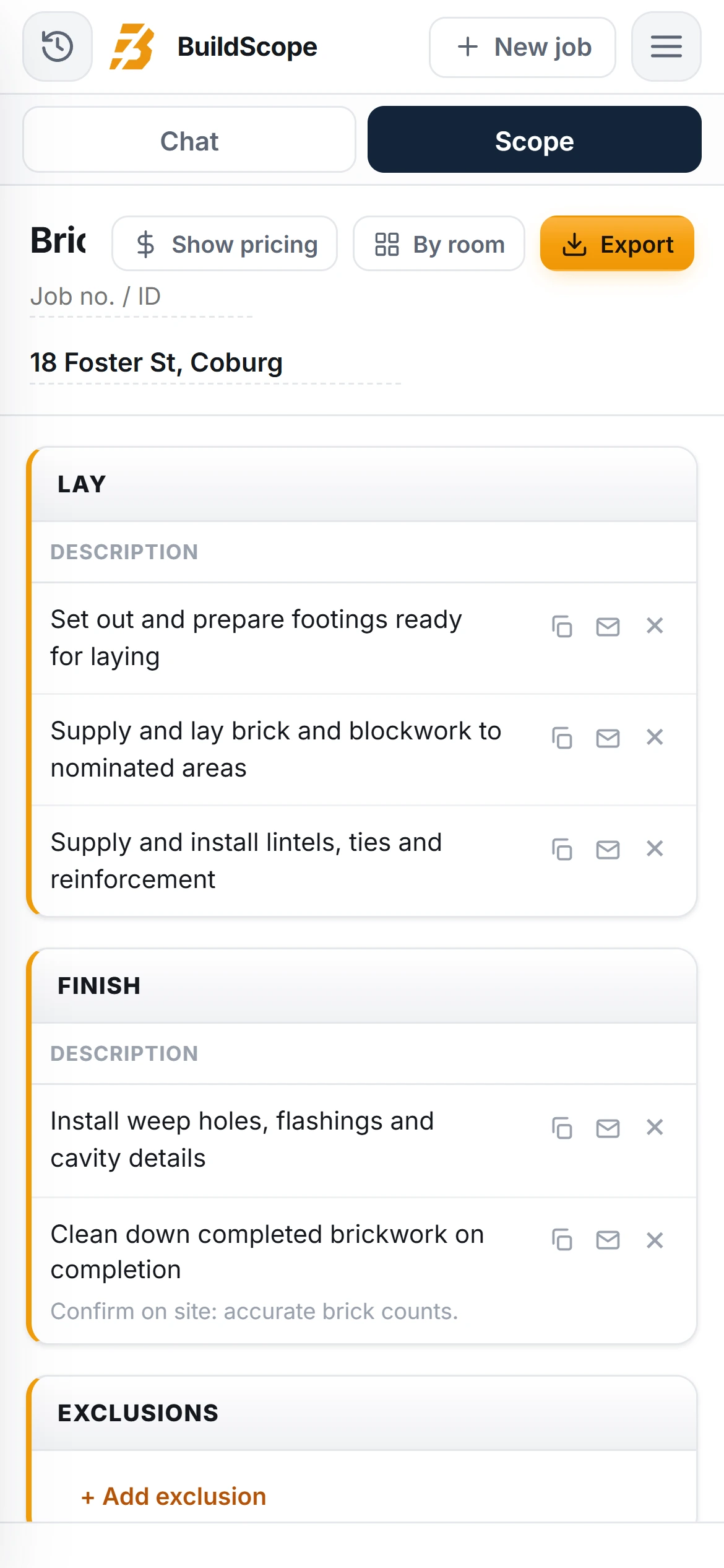 A BuildScope bricklayer Scope of Works on an iPhone