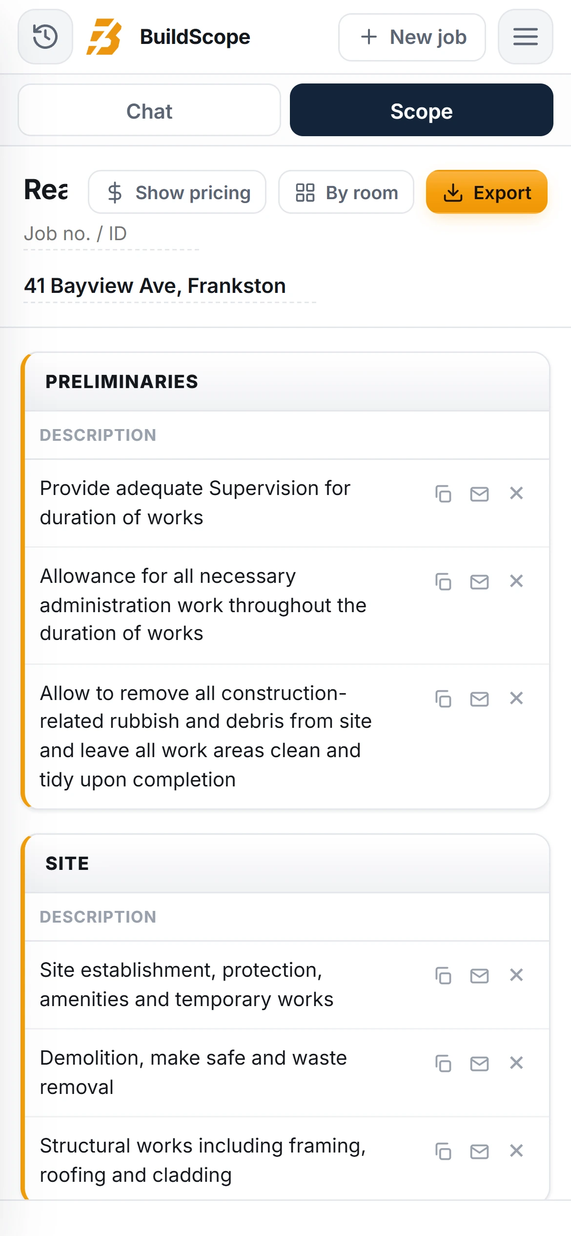 A BuildScope builder Scope of Works on an iPhone