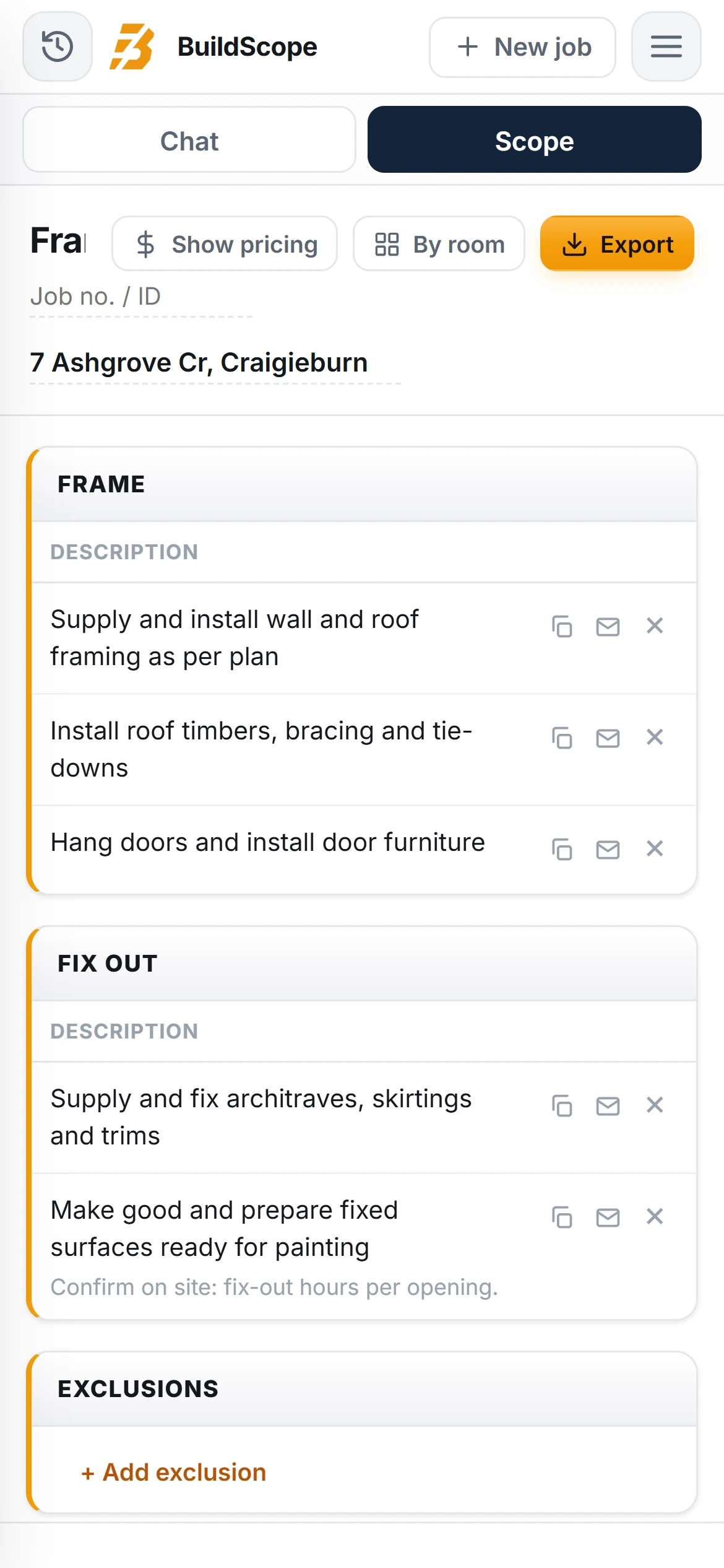 A BuildScope carpenter Scope of Works on an iPhone
