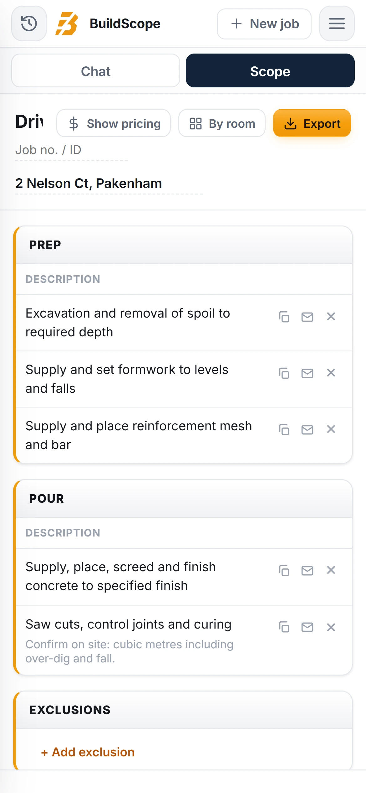 A BuildScope concreter Scope of Works on an iPhone
