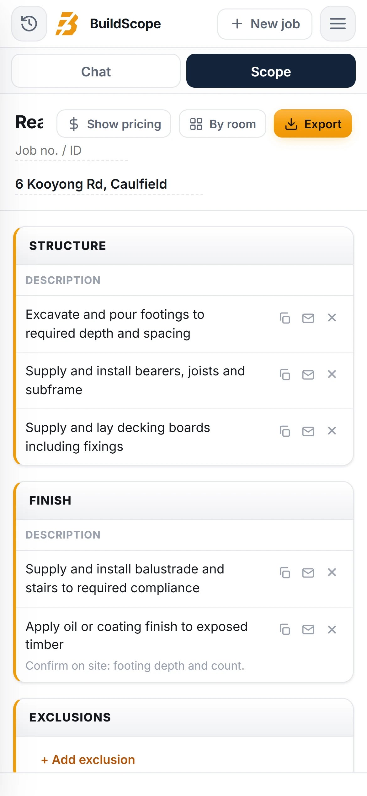 A BuildScope deck builder Scope of Works on an iPhone