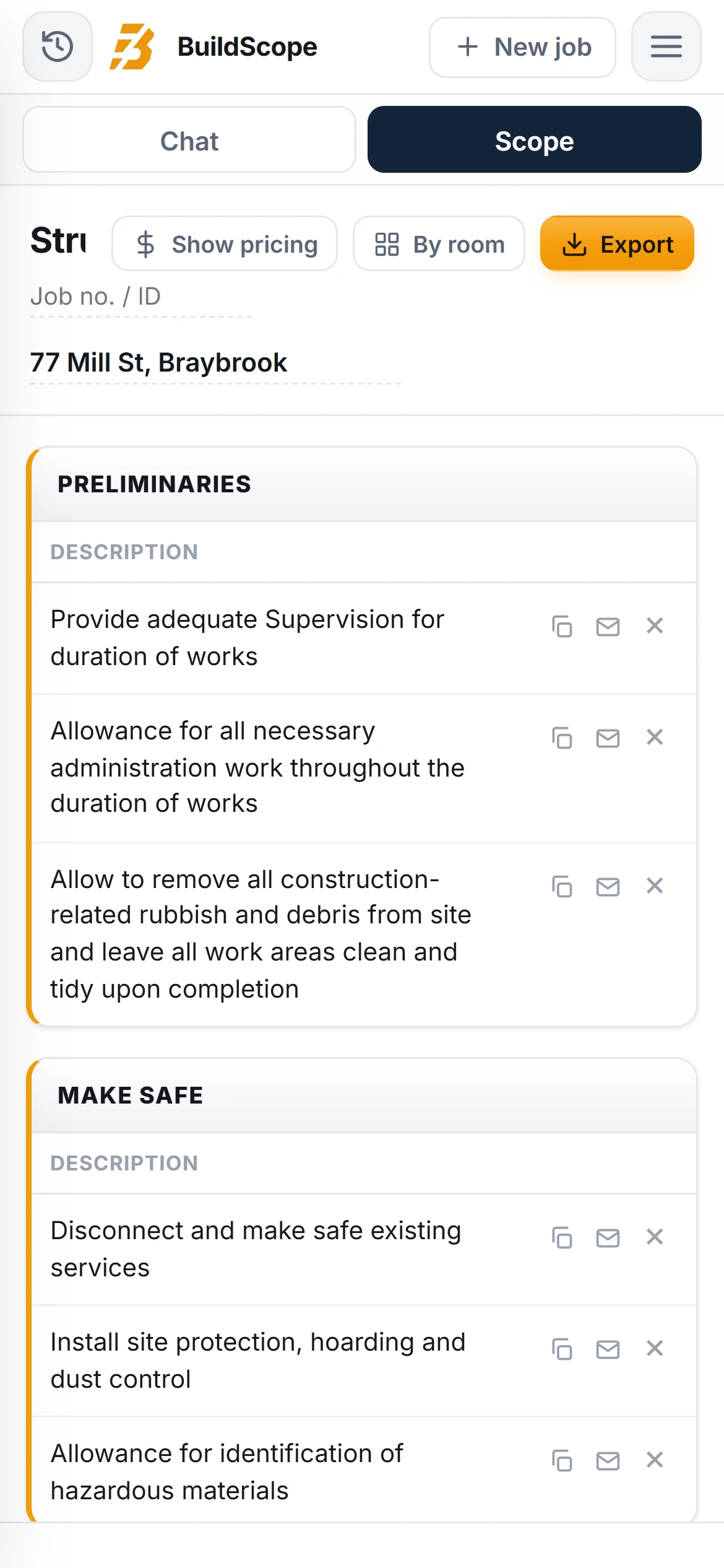 A BuildScope demolition contractor Scope of Works on an iPhone