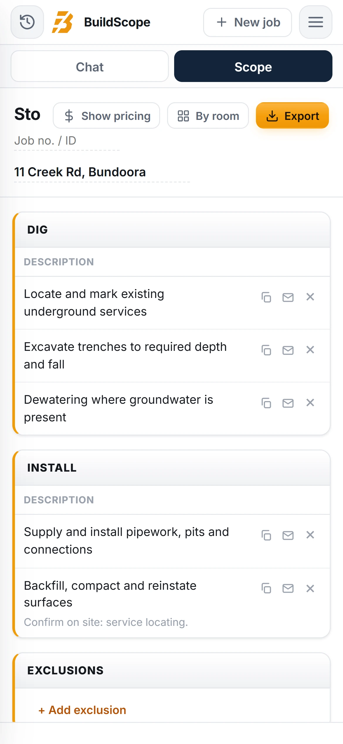 A BuildScope drainage contractor Scope of Works on an iPhone