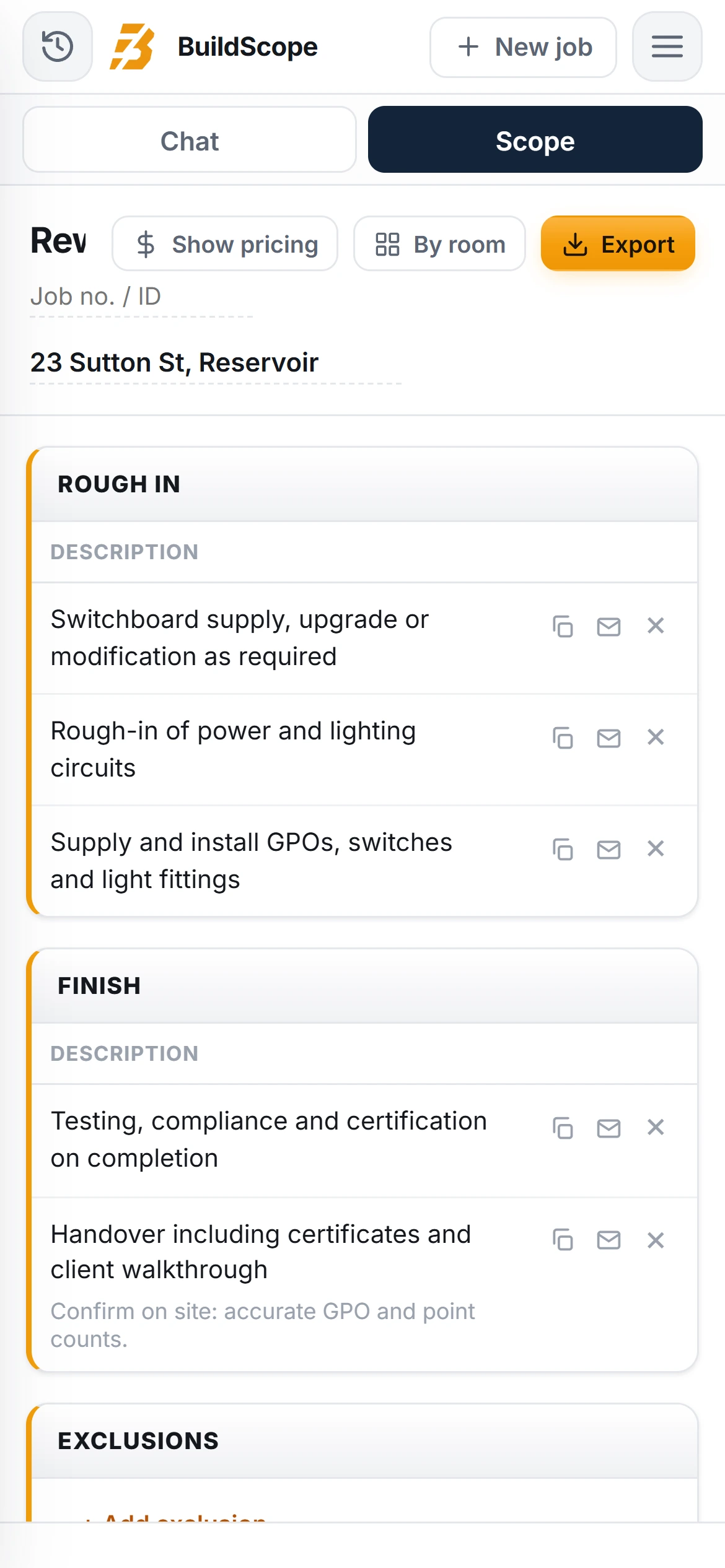 A BuildScope electrician Scope of Works on an iPhone