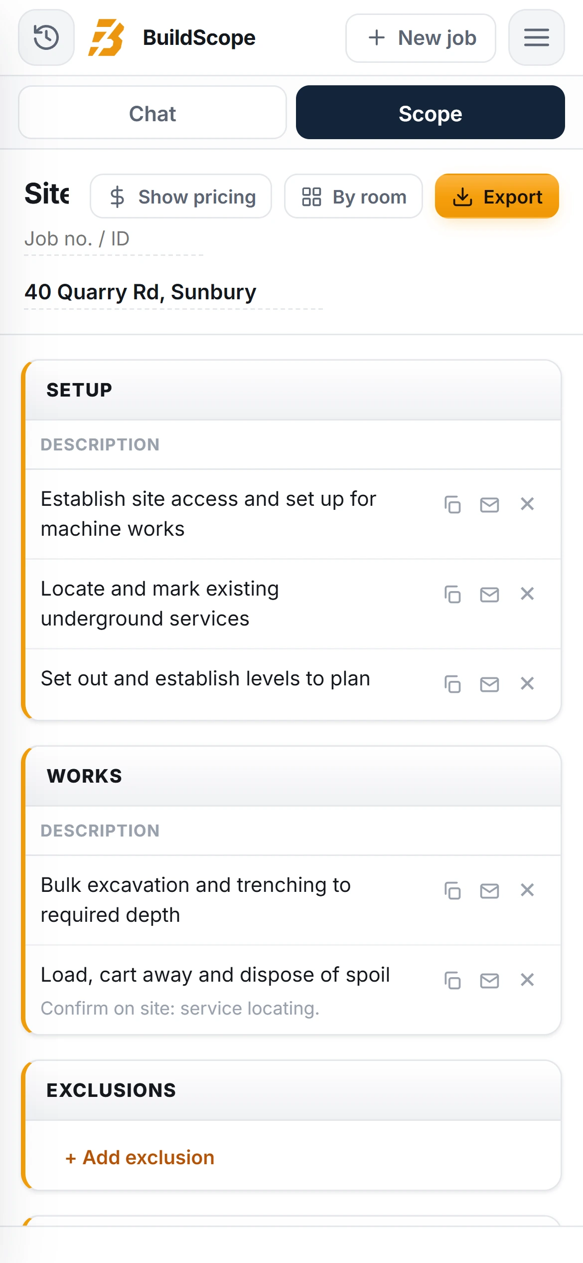 A BuildScope excavation contractor Scope of Works on an iPhone
