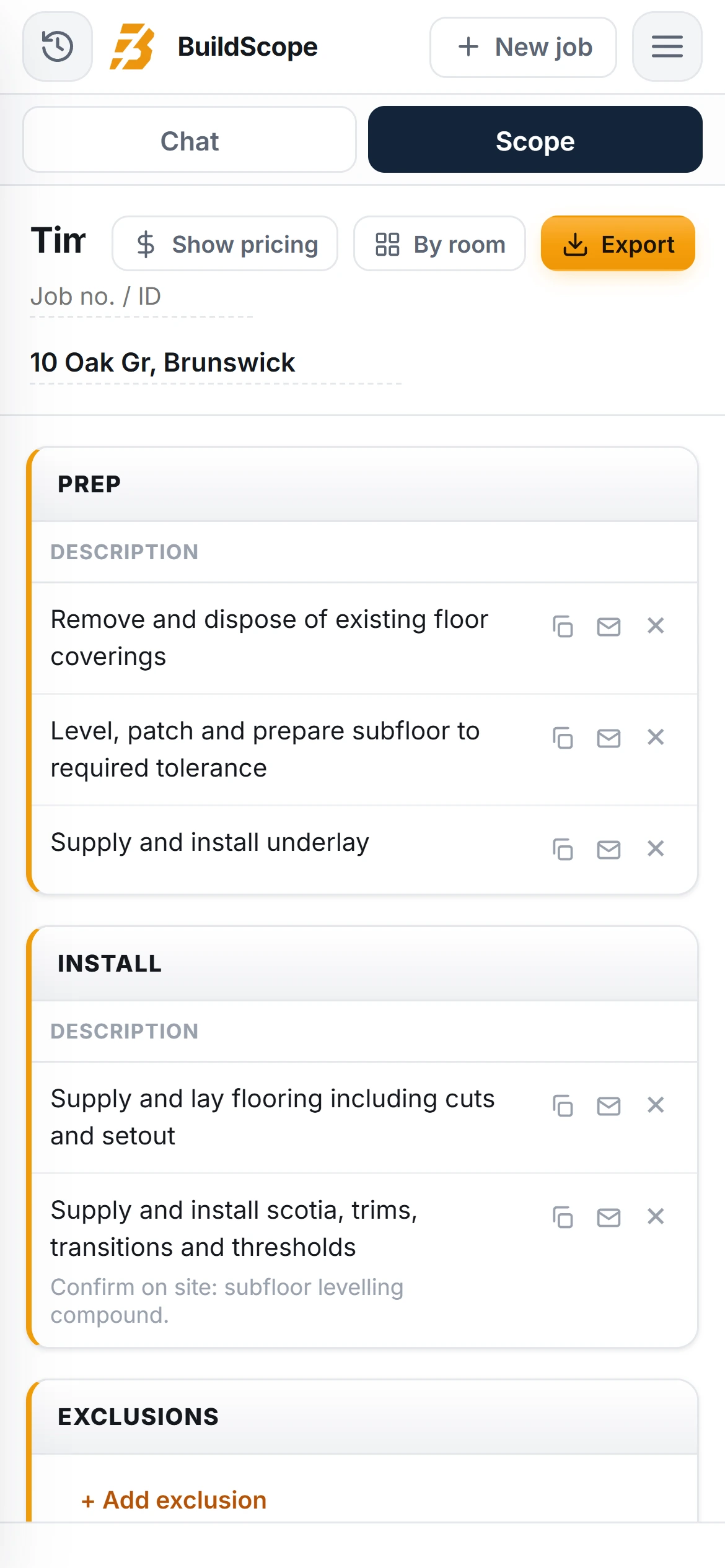 A BuildScope flooring installer Scope of Works on an iPhone