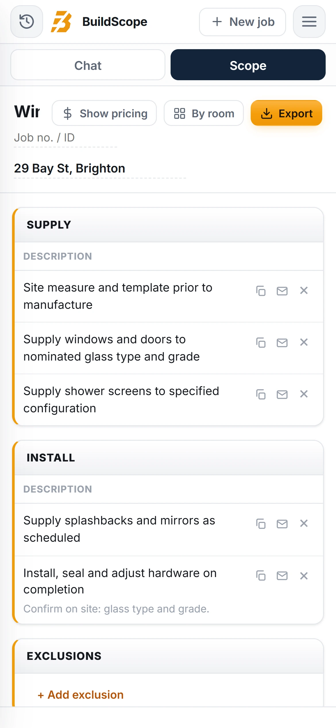 A BuildScope glazier Scope of Works on an iPhone