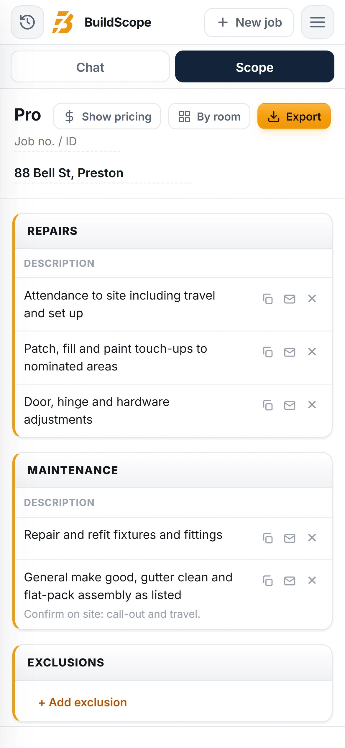 A BuildScope handyman Scope of Works on an iPhone