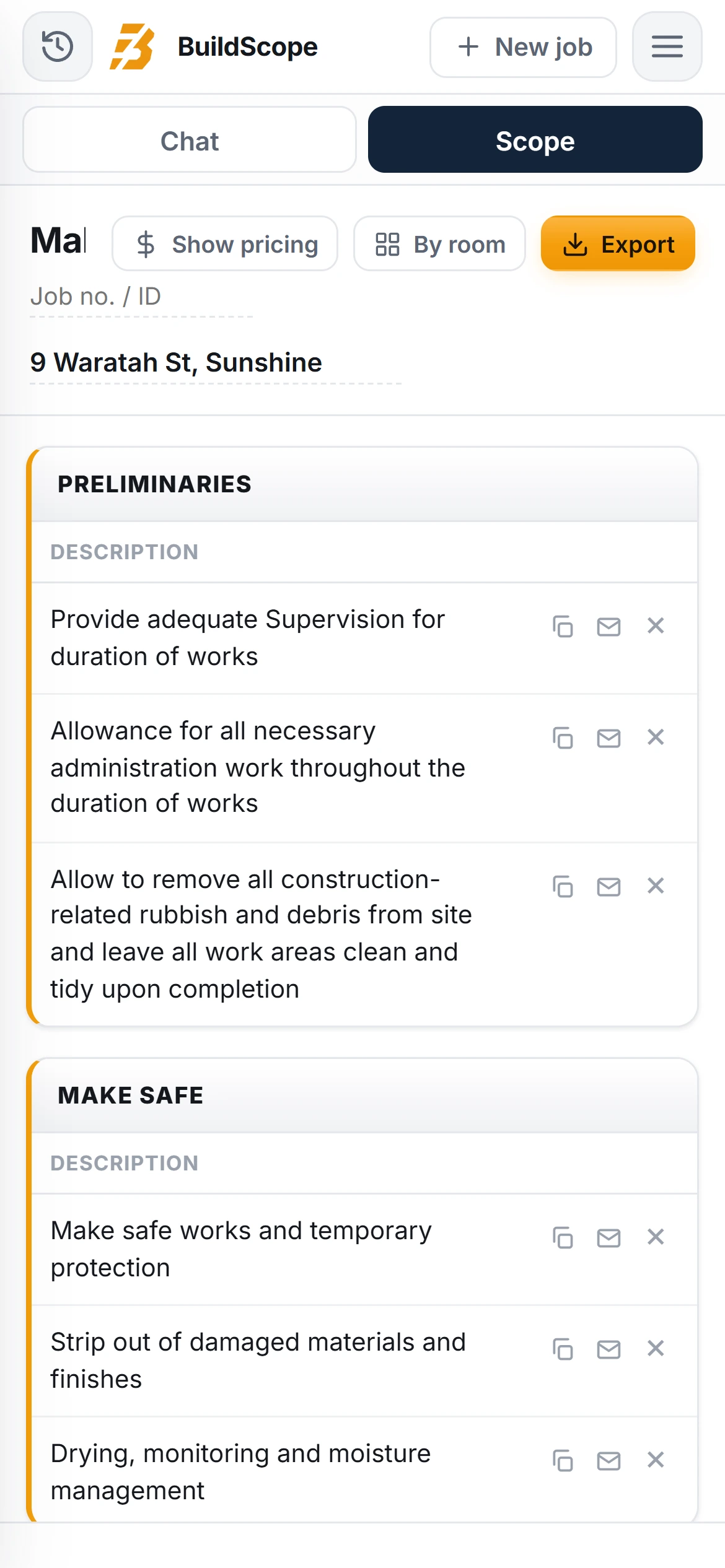 A BuildScope insurance builder Scope of Works on an iPhone