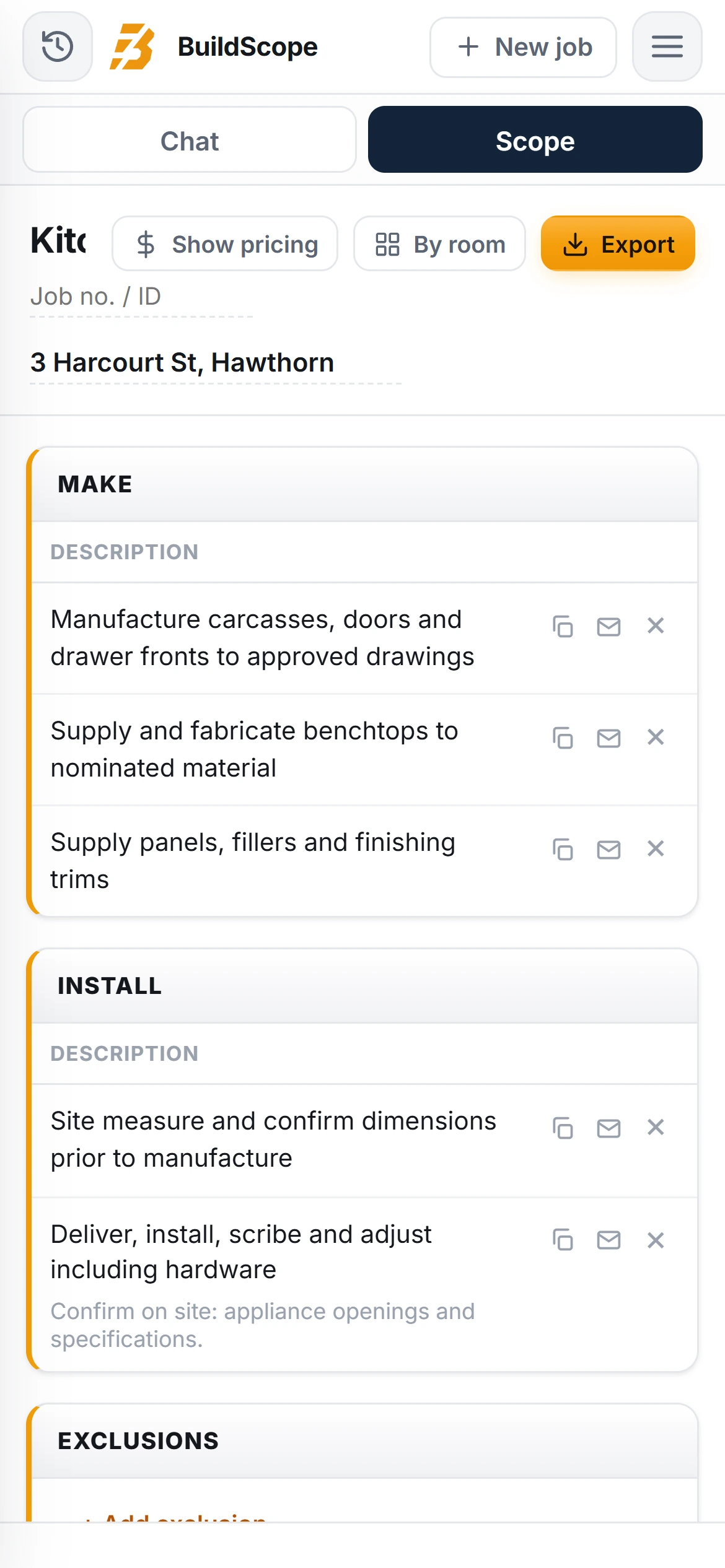 A BuildScope joiner Scope of Works on an iPhone