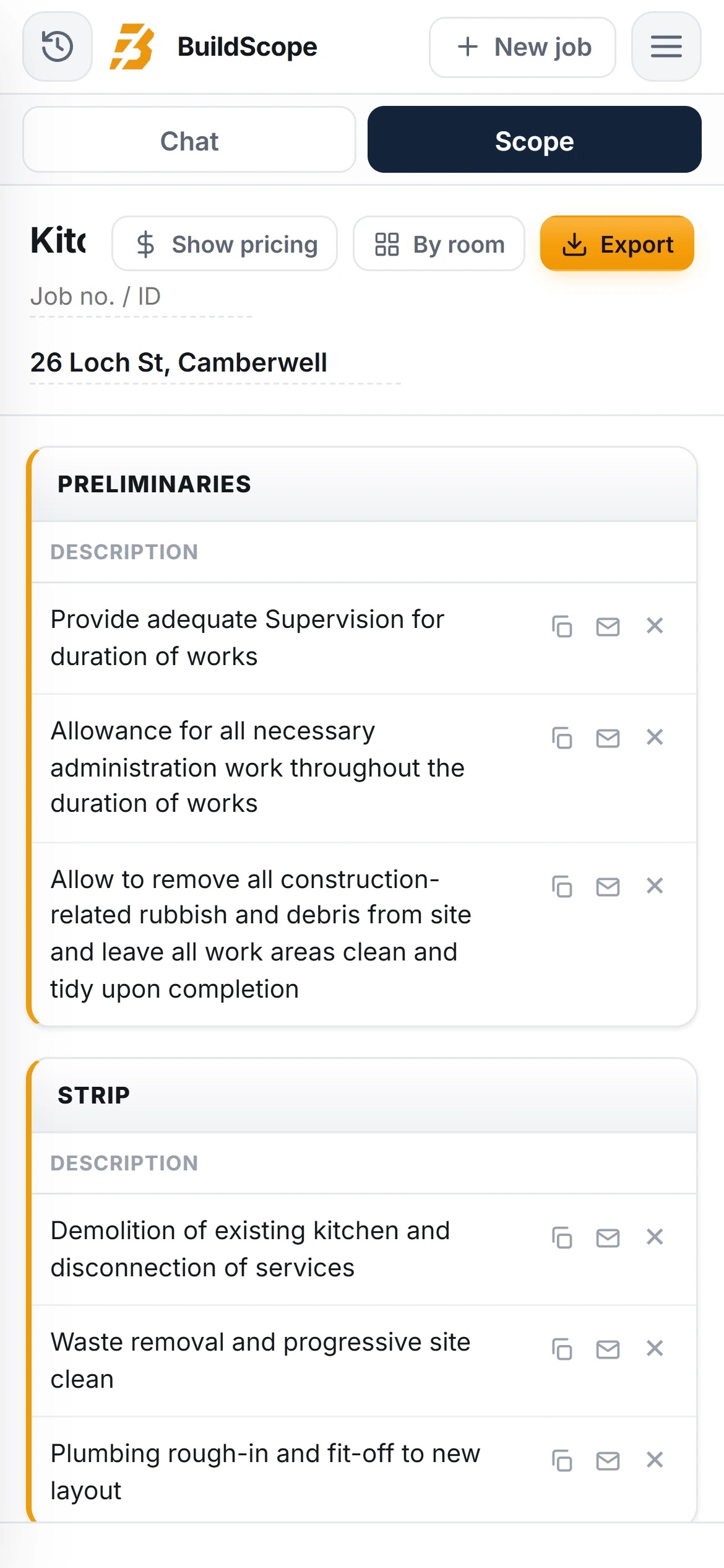 A BuildScope kitchen renovator Scope of Works on an iPhone