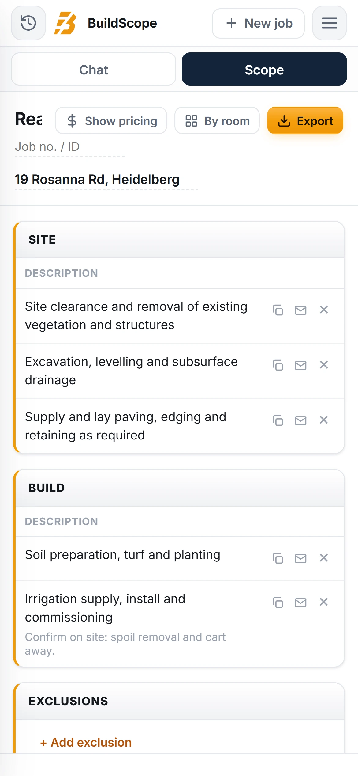 A BuildScope landscaper Scope of Works on an iPhone