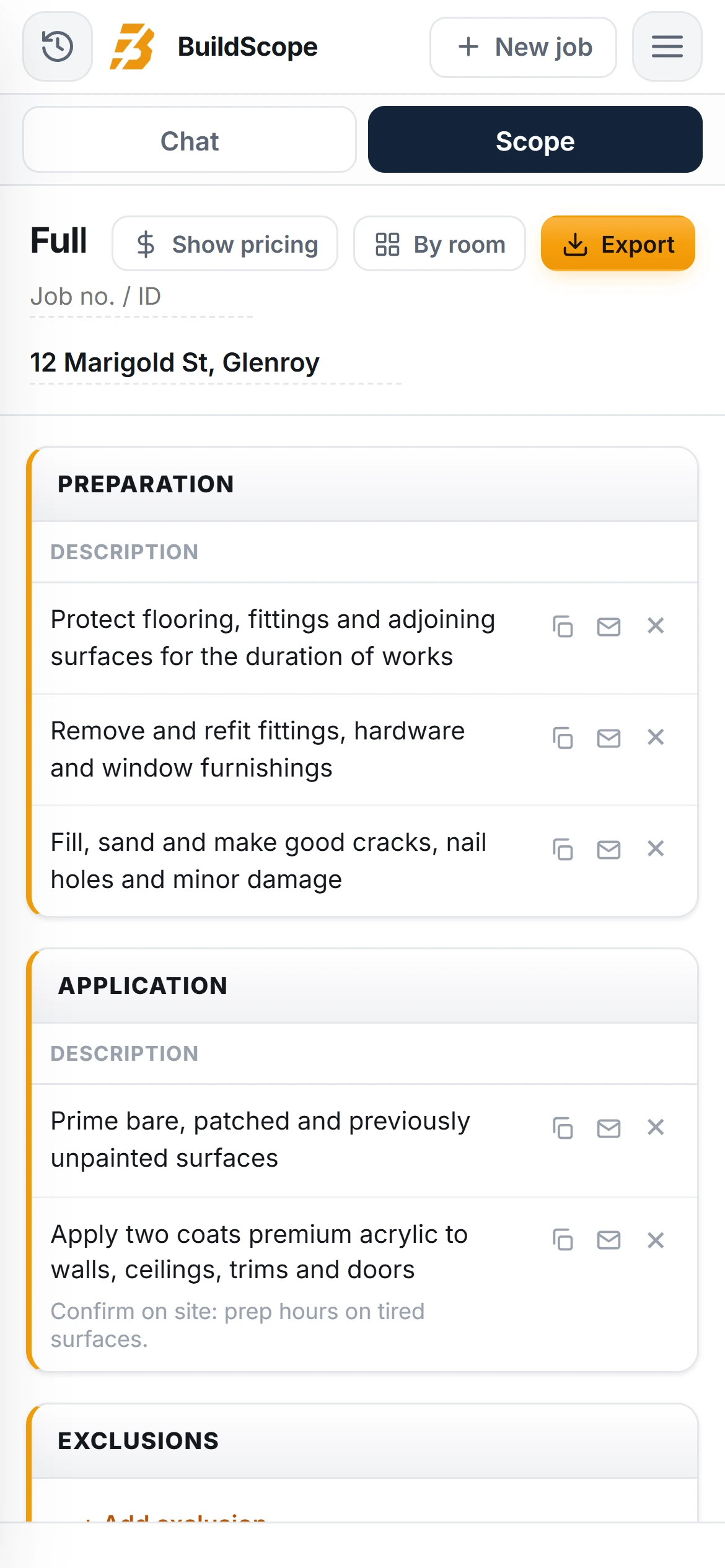A BuildScope painter Scope of Works on an iPhone