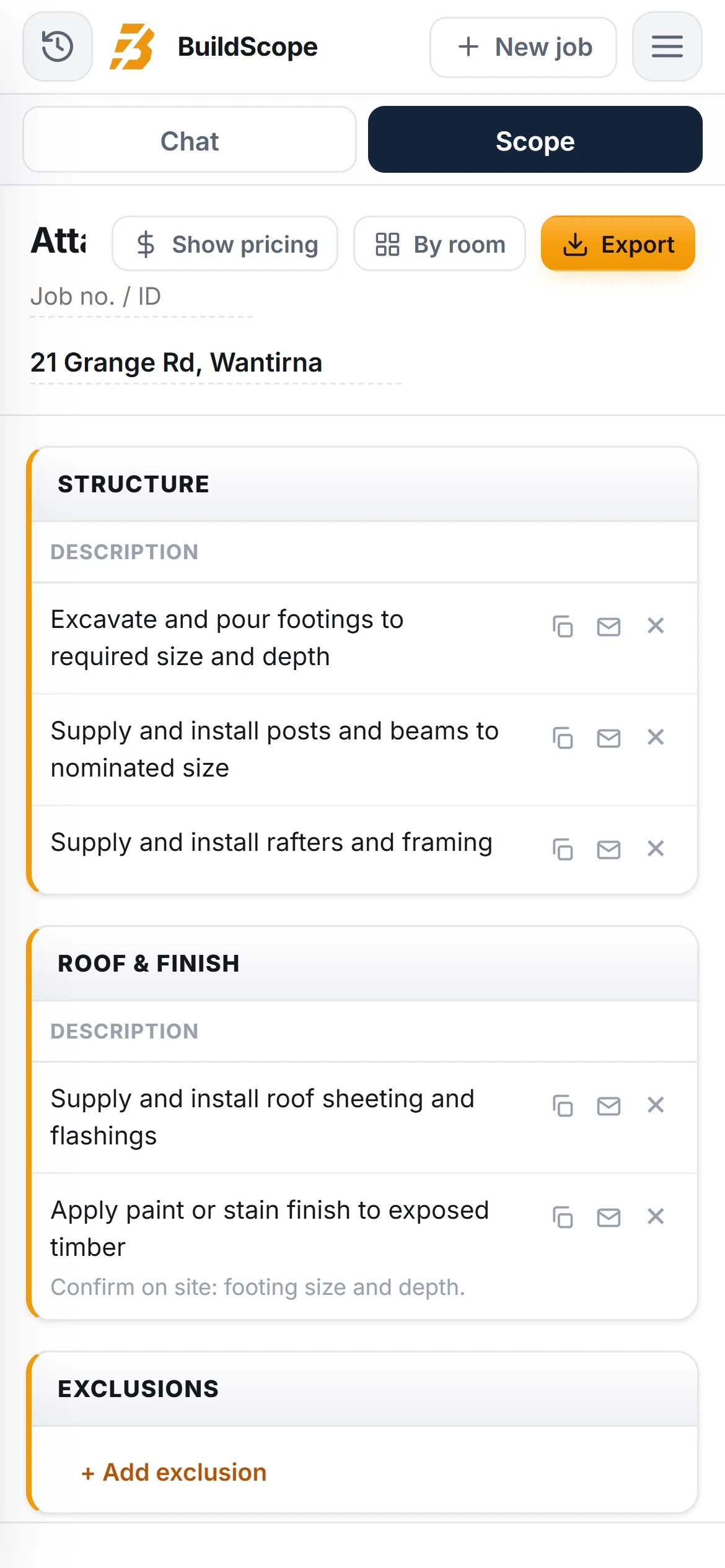 A BuildScope pergola builder Scope of Works on an iPhone