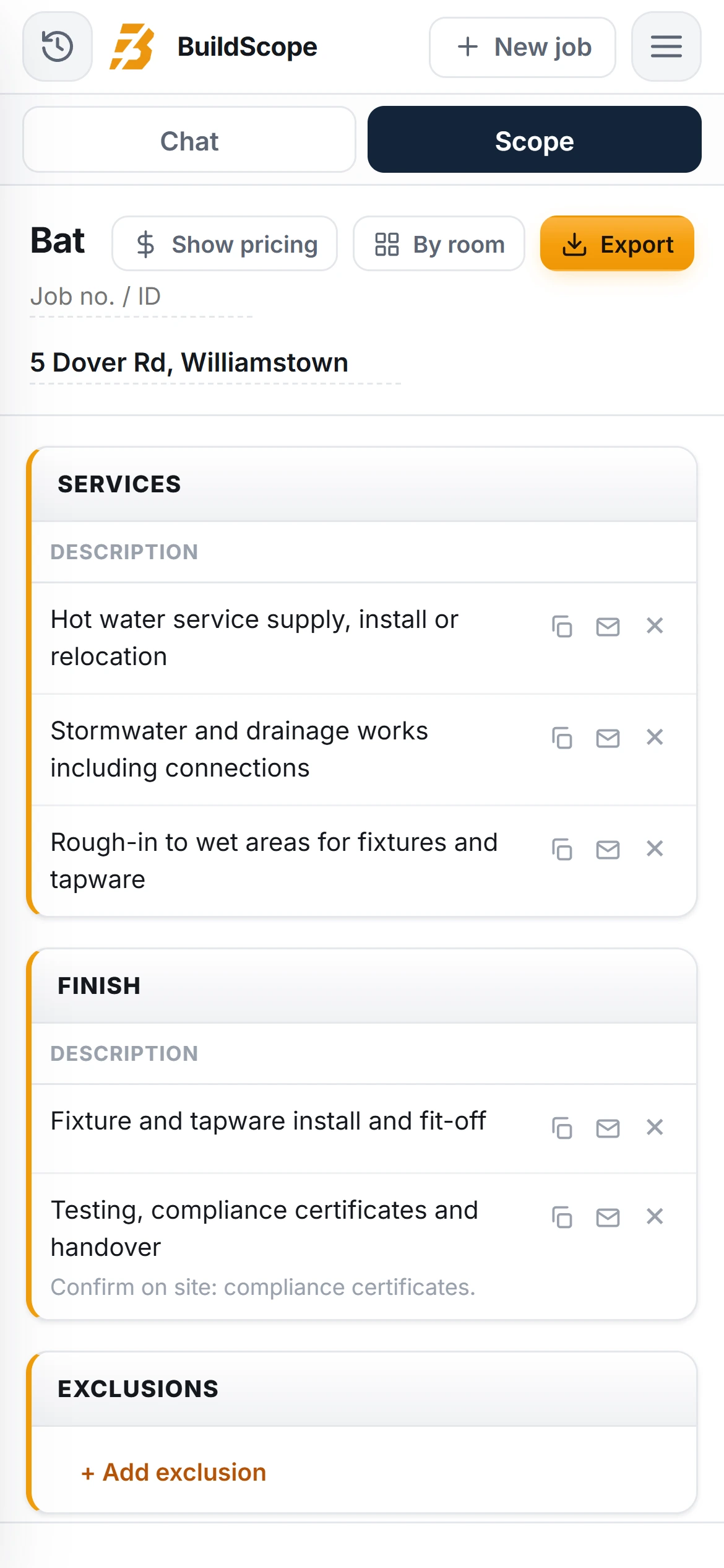 A BuildScope plumber Scope of Works on an iPhone