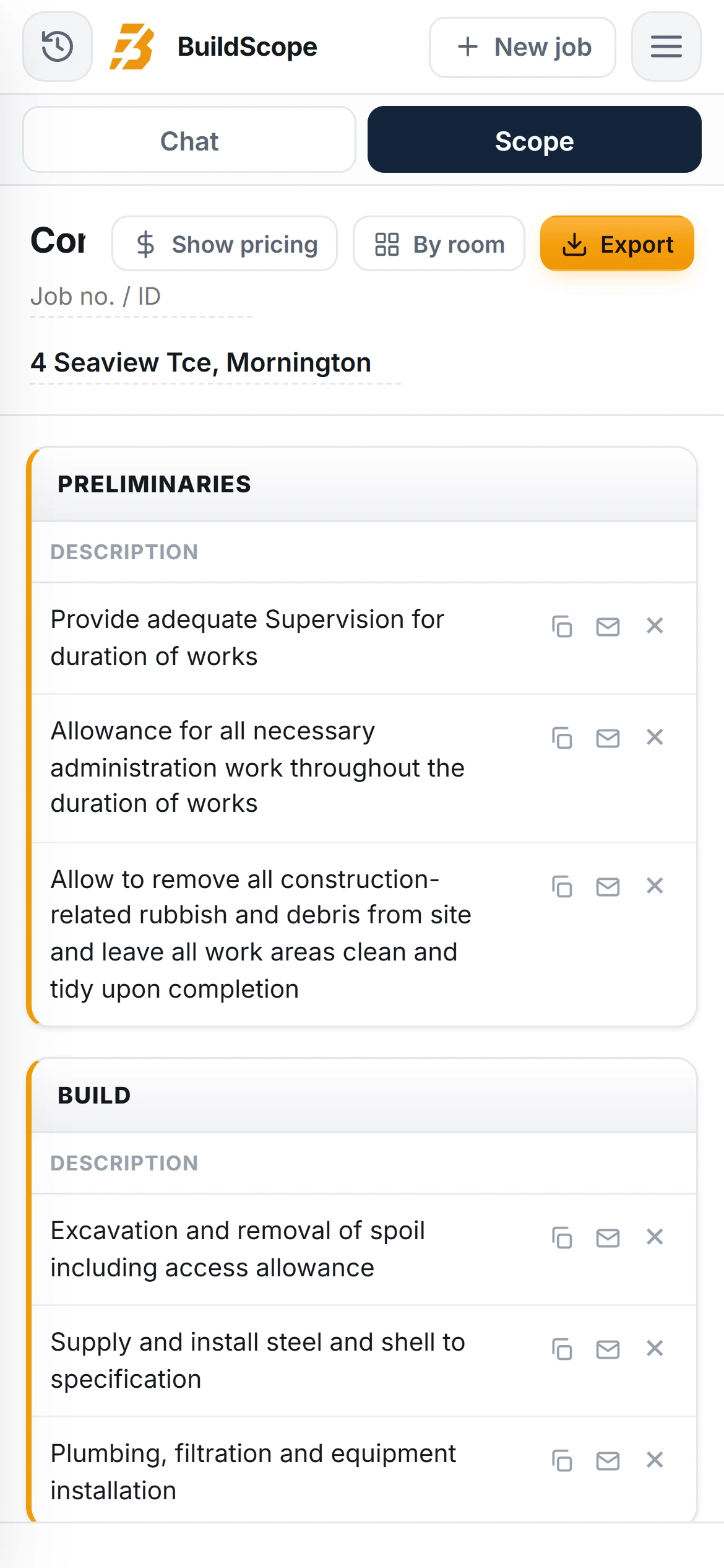 A BuildScope pool builder Scope of Works on an iPhone