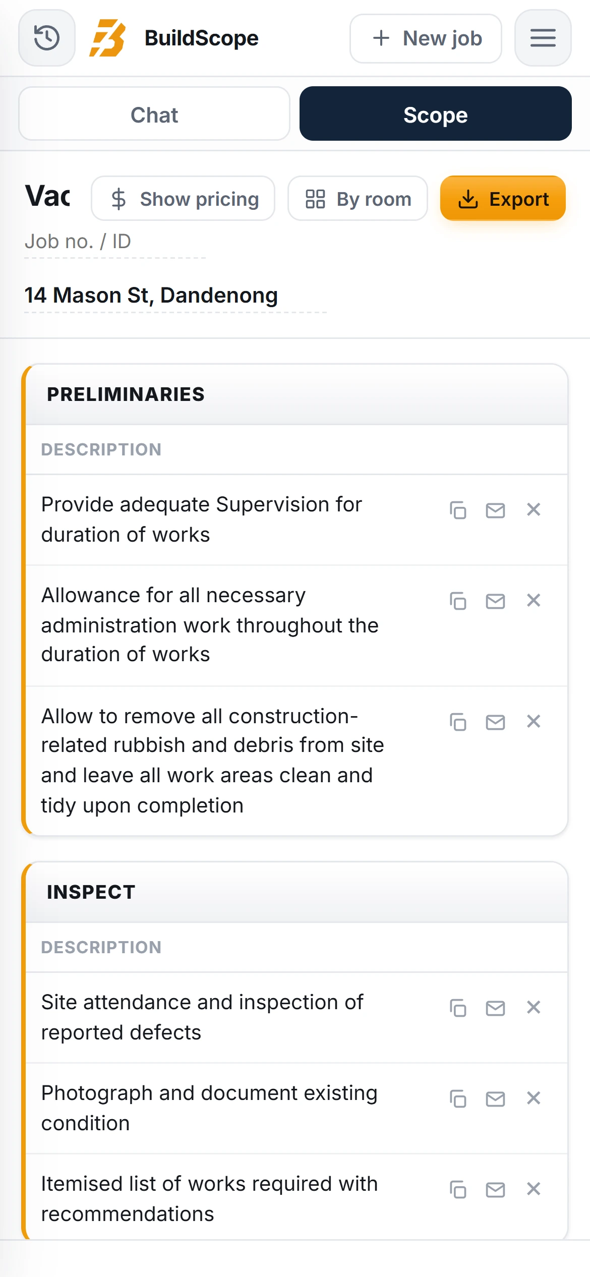 A BuildScope maintenance contractor Scope of Works on an iPhone