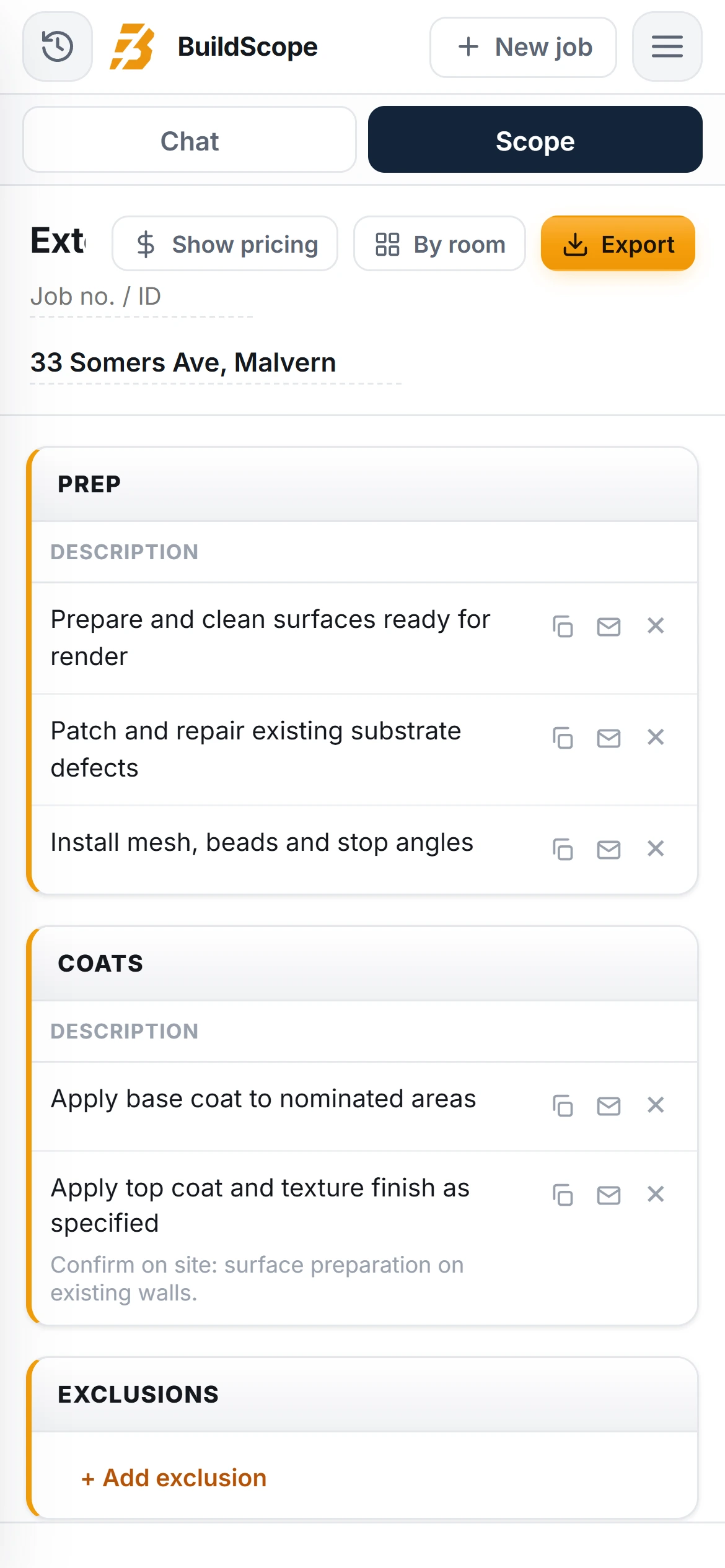 A BuildScope renderer Scope of Works on an iPhone