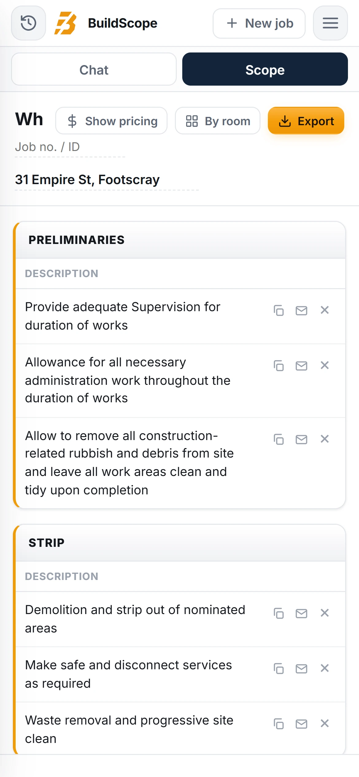 A BuildScope renovator Scope of Works on an iPhone