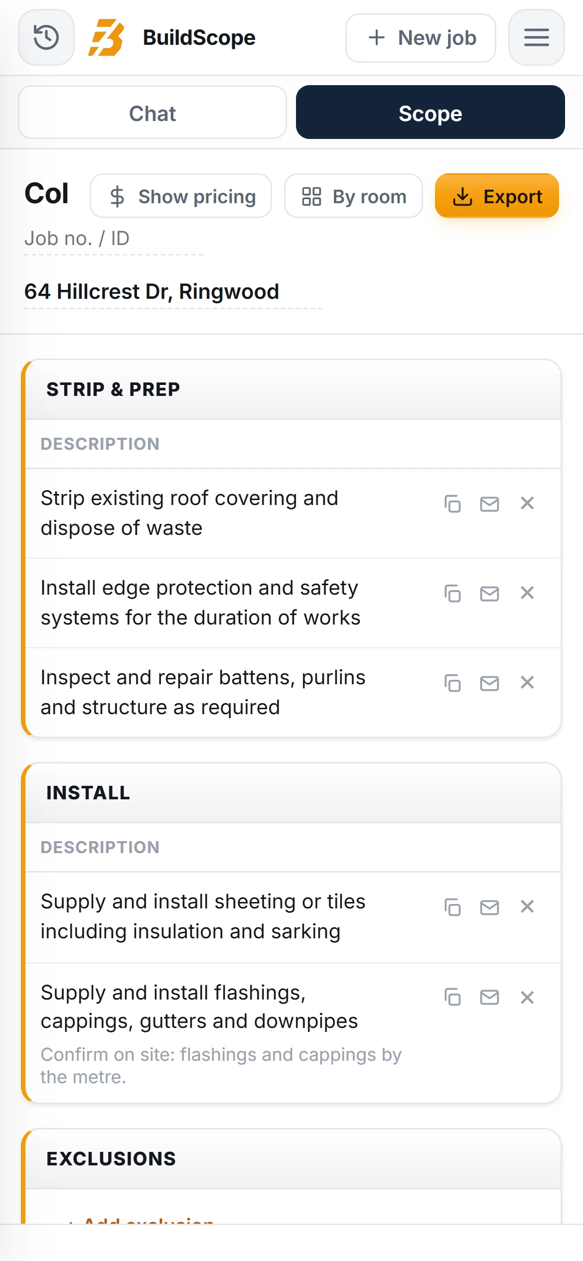 A BuildScope roofer Scope of Works on an iPhone
