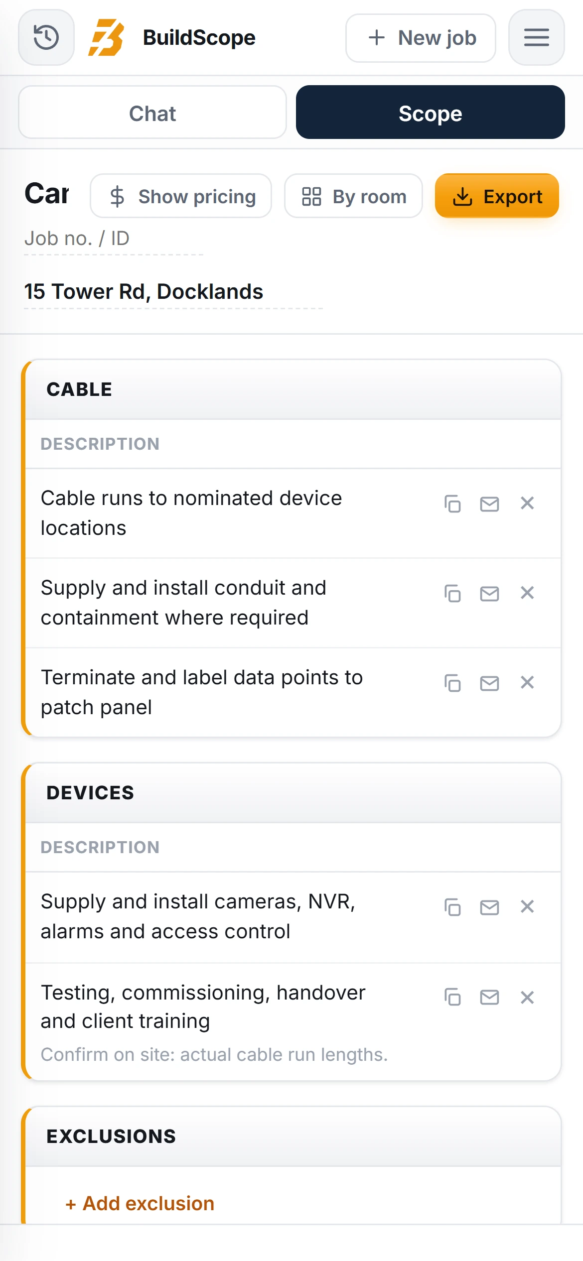 A BuildScope security and data installer Scope of Works on an iPhone