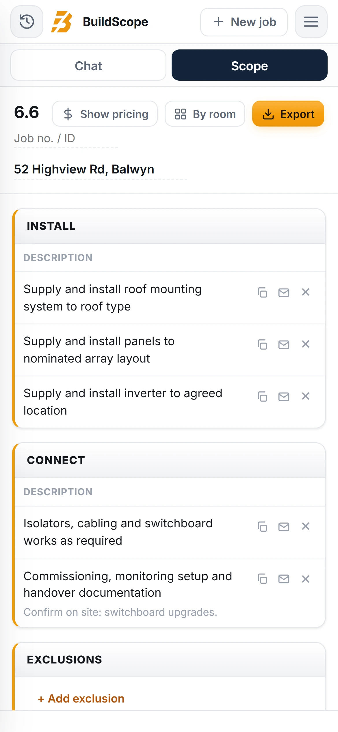 A BuildScope solar installer Scope of Works on an iPhone