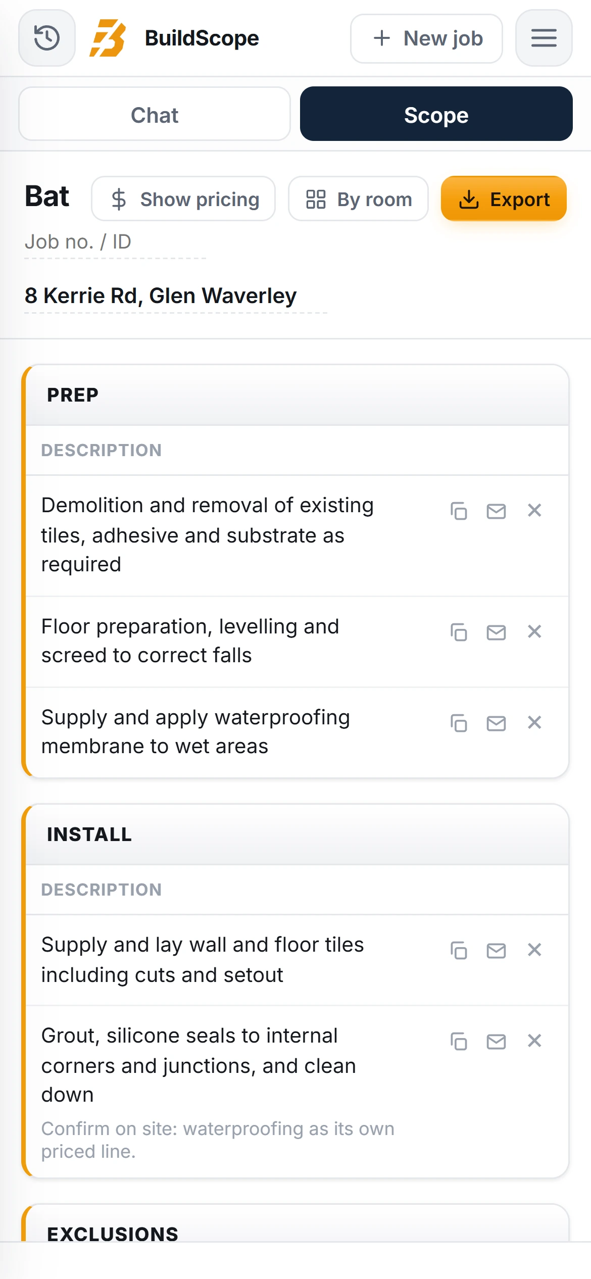 A BuildScope tiler Scope of Works on an iPhone